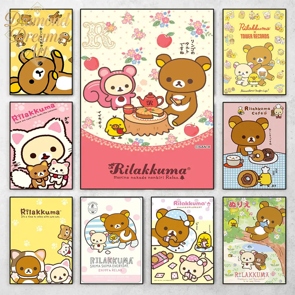 Frameless,Anime Cute Cartoon R-Rilakkuma DIY Diamond Drawing Manga Bear Chick Cat Reading Nursery Children Kawaii Room Decoratio