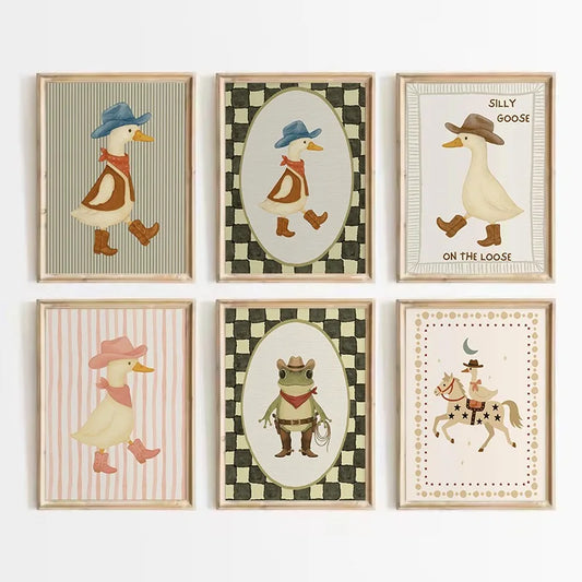 Vintage Cowboy Silly Goose Western Duck Frog Animals Cartoon Poster Diamond Painting Wall Art Pictures Home Bedroom Decor