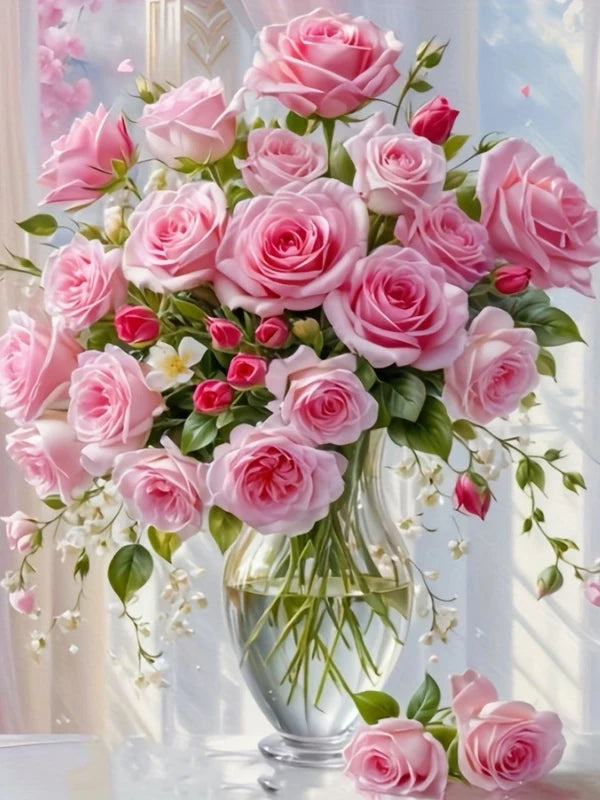 EverShine New Arrivals 2026 Diamond Painting Pink Roses Glass Vase Diamond Mosaic Flower Complete Kit Home Decoration