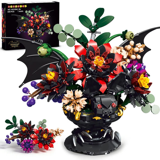 Dark Night Romantic Retro Gothic Bat Dahlia Flowers Building Blocks Unique Artificial Fake Bouquet Home Art Deco Blooming Bat Green Leaves Red Flowers Colorful Halloween Decoration Gift for Adults Girls