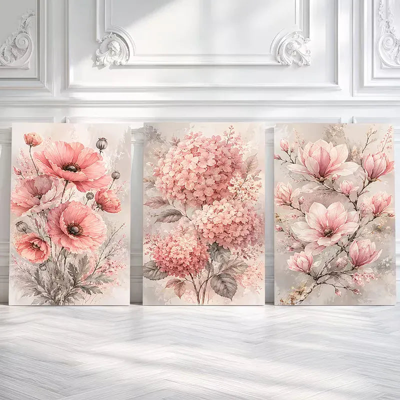 Triptych DIY Diamond Painting Cross Stitch Pink Peach Peony Hydrangea Flowers Diamond Embroidery Mosaic Handmade Wall Decoration