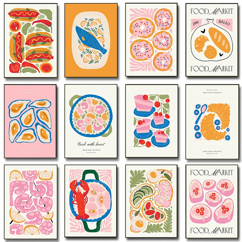 Minimalism Foods Posters Delicious Oyster Pink Ramen Bowl Shrimp Hot Dog Prints Diamond Painting