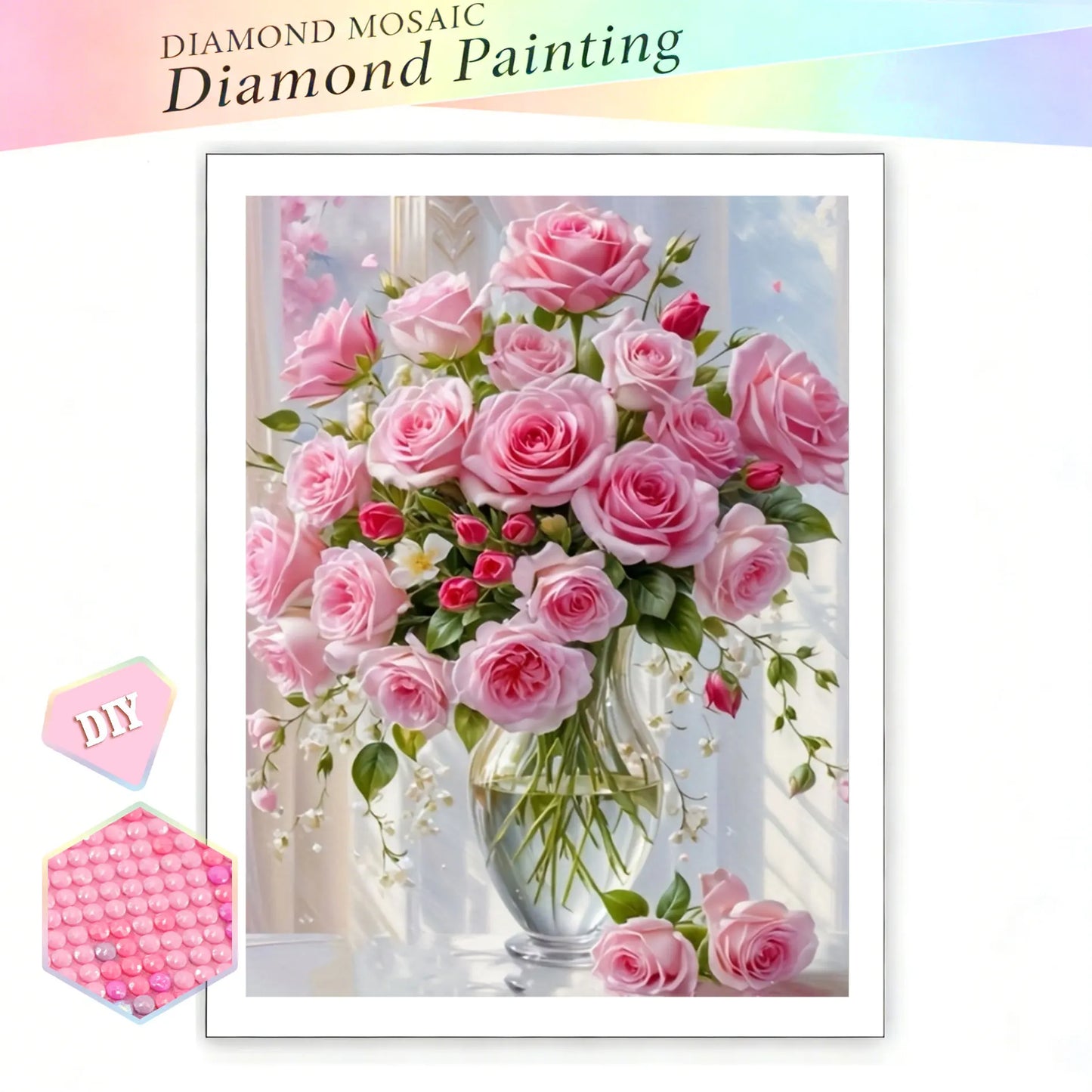 EverShine New Arrivals 2026 Diamond Painting Pink Roses Glass Vase Diamond Mosaic Flower Complete Kit Home Decoration