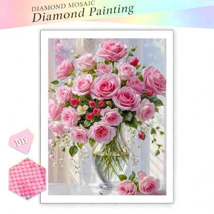 EverShine New Arrivals 2026 Diamond Painting Pink Roses Glass Vase Diamond Mosaic Flower Complete Kit Home Decoration