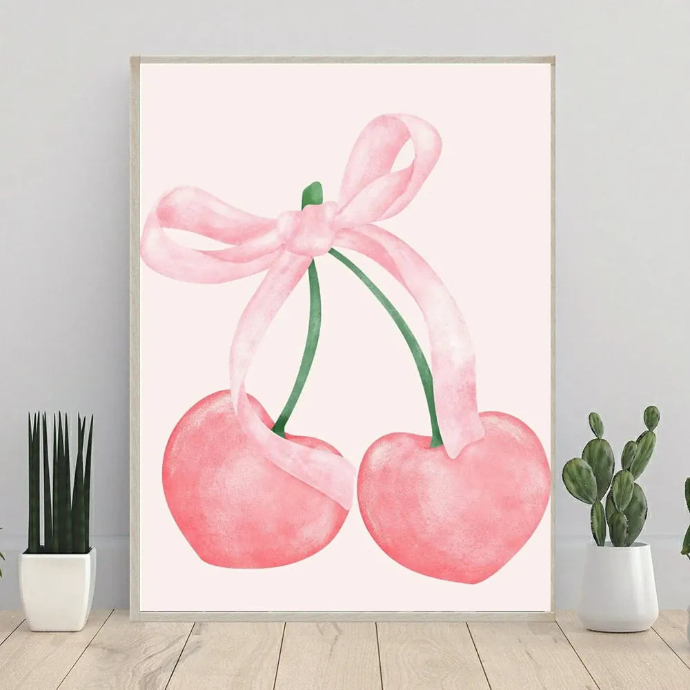 Fashionable pink mural bow cherry balloon handmade diamond painting, decoration for girls' rooms in college apartments