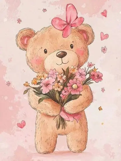 DIY Pink Sweater Teddy Bear Diamond Painting, Cloud Star Floral Cartoon Art For Living Room Home Wall Decoration Handmade Gift