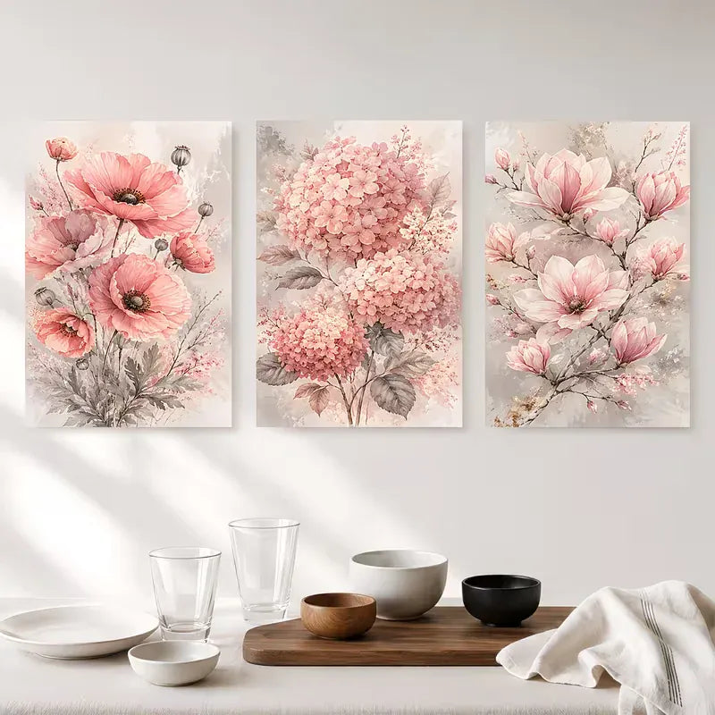 Triptych DIY Diamond Painting Cross Stitch Pink Peach Peony Hydrangea Flowers Diamond Embroidery Mosaic Handmade Wall Decoration
