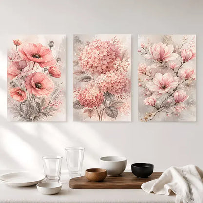 Triptych DIY Diamond Painting Cross Stitch Pink Peach Peony Hydrangea Flowers Diamond Embroidery Mosaic Handmade Wall Decoration
