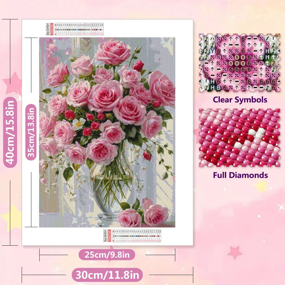 EverShine New Arrivals 2026 Diamond Painting Pink Roses Glass Vase Diamond Mosaic Flower Complete Kit Home Decoration
