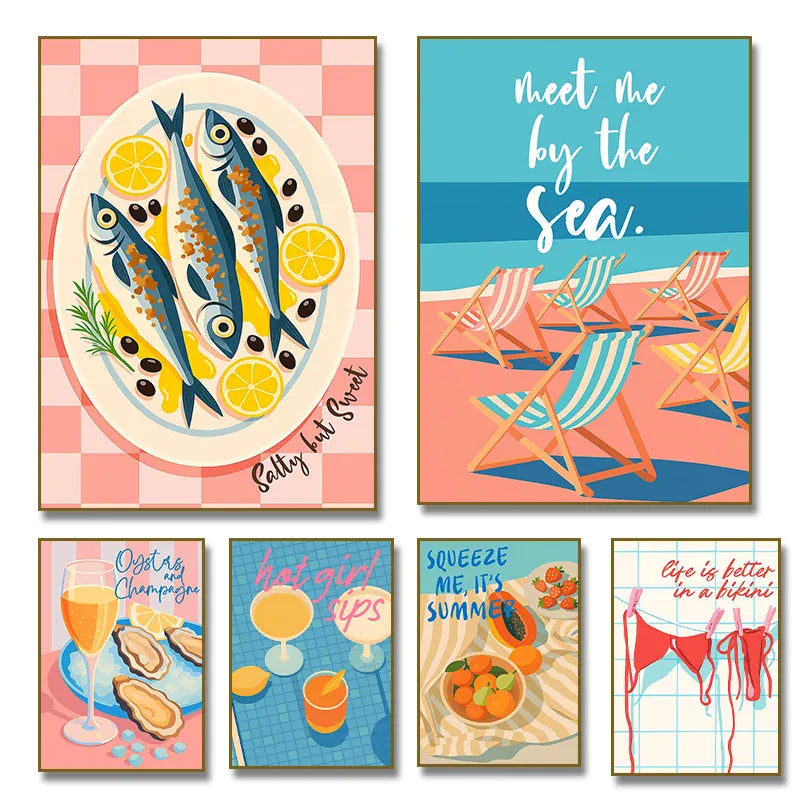 2026 1Pc Frameless Meet Me At The Beach Posters Summer Sea Bikini Sardines Oysters Champagne Diamond Painting Trendy Wall Art