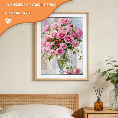 EverShine New Arrivals 2026 Diamond Painting Pink Roses Glass Vase Diamond Mosaic Flower Complete Kit Home Decoration
